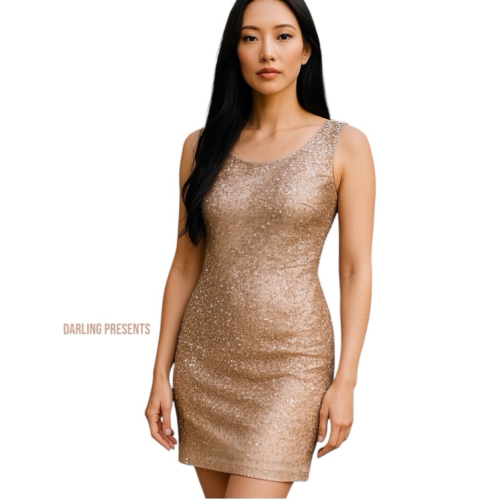 Basix Black Label Hand Beaded Sequin Dress Women Color Champagne Size 0/XS